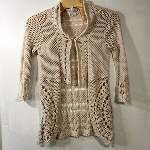 Joseph A. Boho Americana Crochet Womens Open Front Bi-Level Cardigan Large Biege